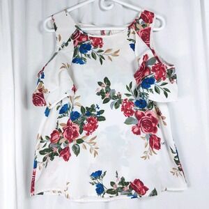 LIVE 4‎ TRUTH Floral Cold Shoulder Ruffle Short Sleeve Top Women Sz Large *READ